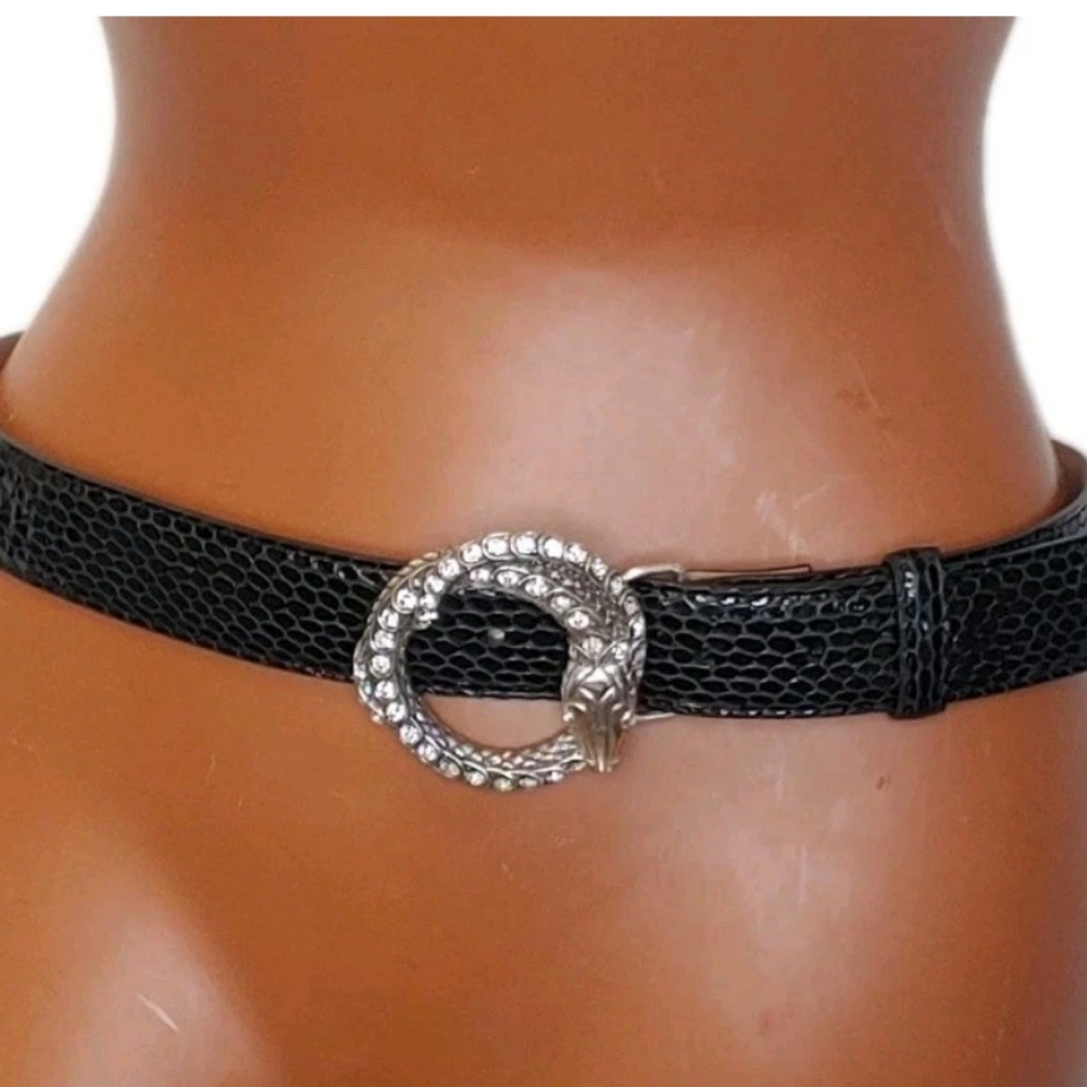 Brighton Black Snakeskin Belt Vtg USA Silver Snake Buckle Rhinestones Bling 32